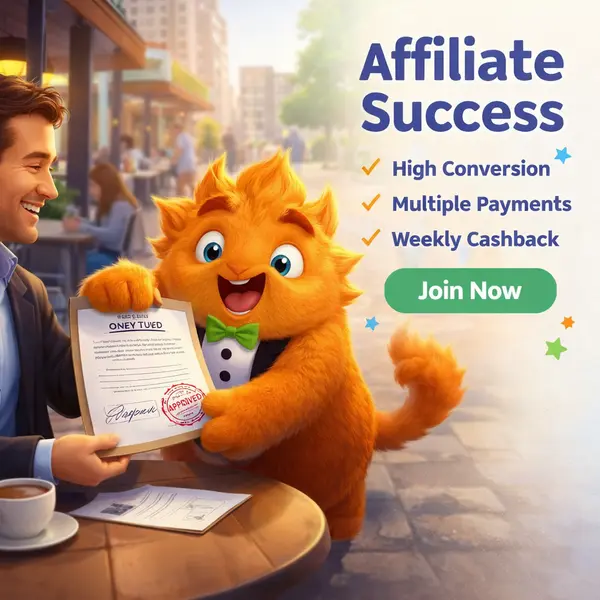 Fuzzy Tux eagerly grabs affiliate partnership document at One Casino sidewalk cafe meeting
