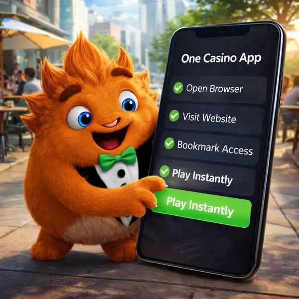Fuzzy Tux eagerly tapping One Casino app interface on glowing smartphone screen