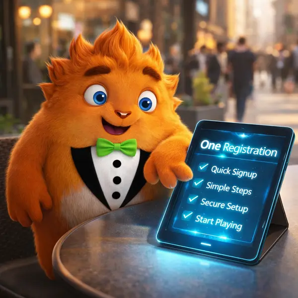 Fuzzy Tux eagerly signing up at One Casino on glowing futuristic tablet at busy sidewalk cafe