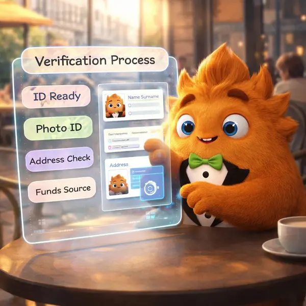 Fuzzy Tux verifying identity at One Casino with holographic documents floating above cafe table