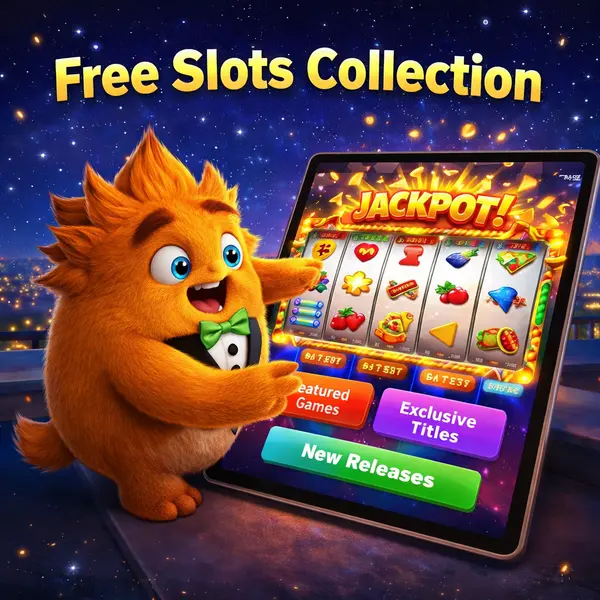 Fuzzy Tux tapping excitedly at One Free Slots Collection reels on glowing tablet screen