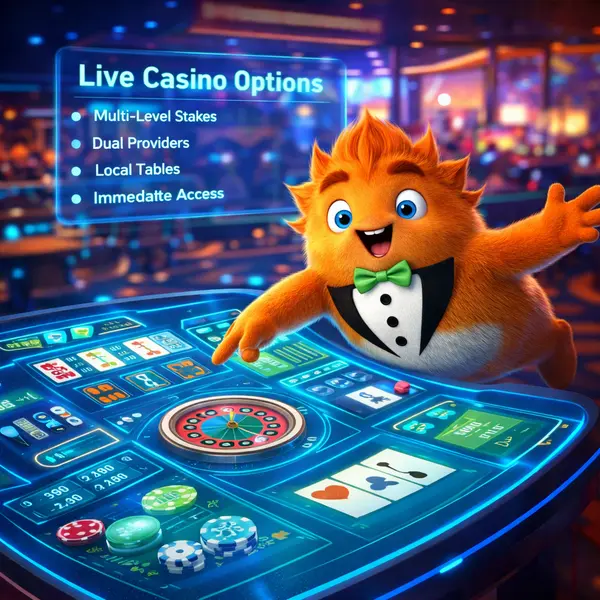 Fuzzy Tux pointing excitedly at One Live Casino holographic gaming tables with live dealer options