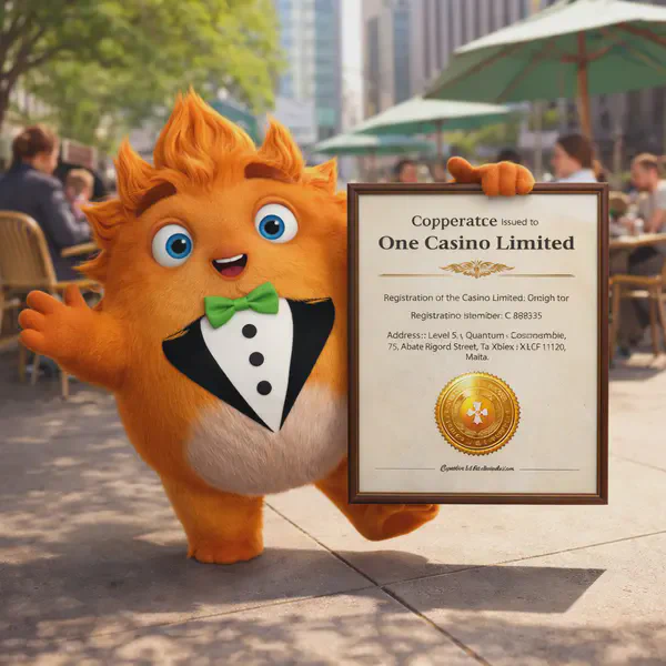 Fuzzy Tux proudly displaying corporate transparency certificate at bustling cafe
