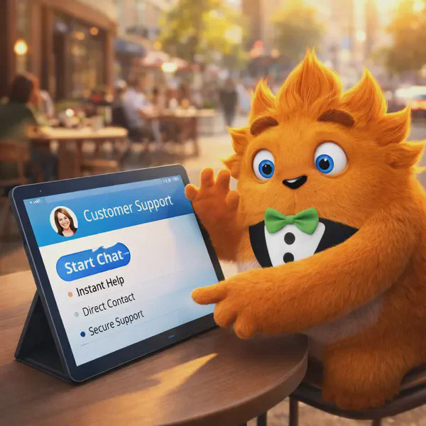 Fuzzy Tux tapping tablet screen for instant customer support at bustling cafe