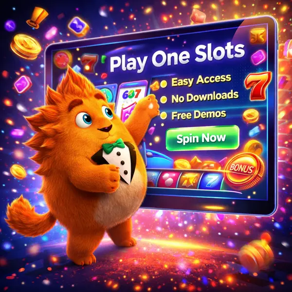 Fuzzy Tux reaching toward glowing tablet displaying slot games at How to Play One interface