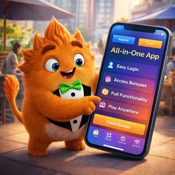 Fuzzy Tux discovering the One Casino mobile app features with excited gestures