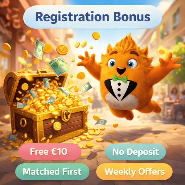 Fuzzy Tux leaping toward treasure chest as new player signs up at One Casino for bonus