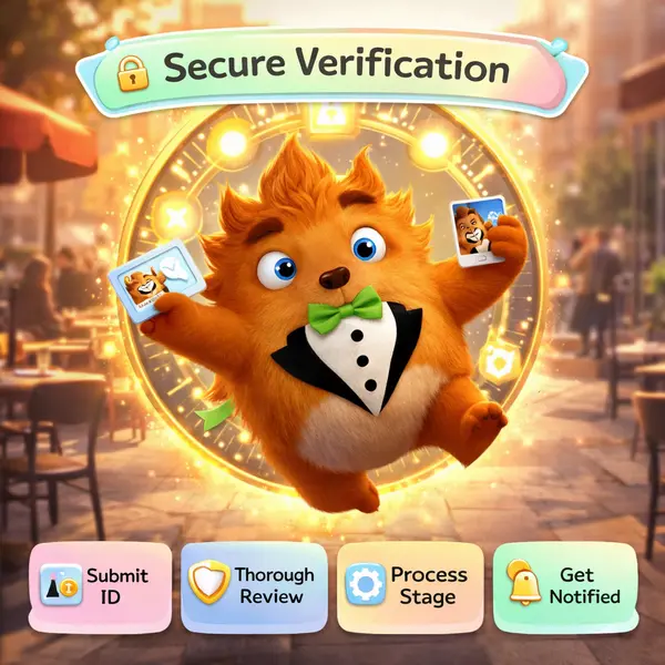 Fuzzy Tux verifying identity at One Casino with official documents glowing