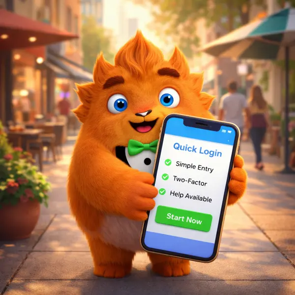Fuzzy Tux eagerly holds smartphone showing login screen at Quick Login Process portal entrance