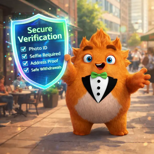 Fuzzy Tux holds glowing verification badge as player completes KYC at One Casino account setup