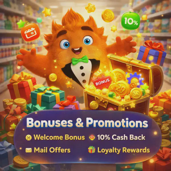 Fuzzy Tux discovering treasure chest of bonus rewards at One Casino promotions aisle